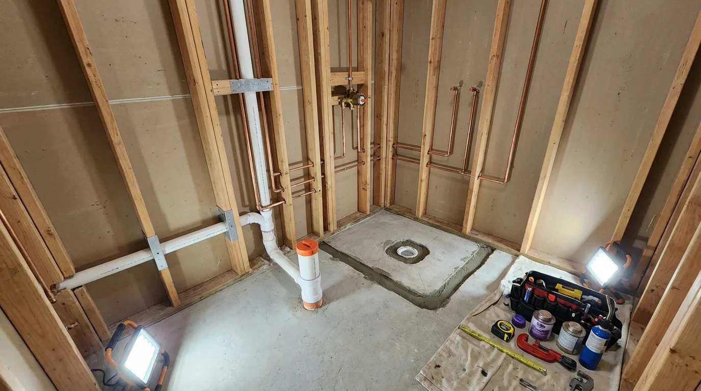 Bathroom rough-in plumbing during remodel by Johns Plumbing LLC in Rutland
