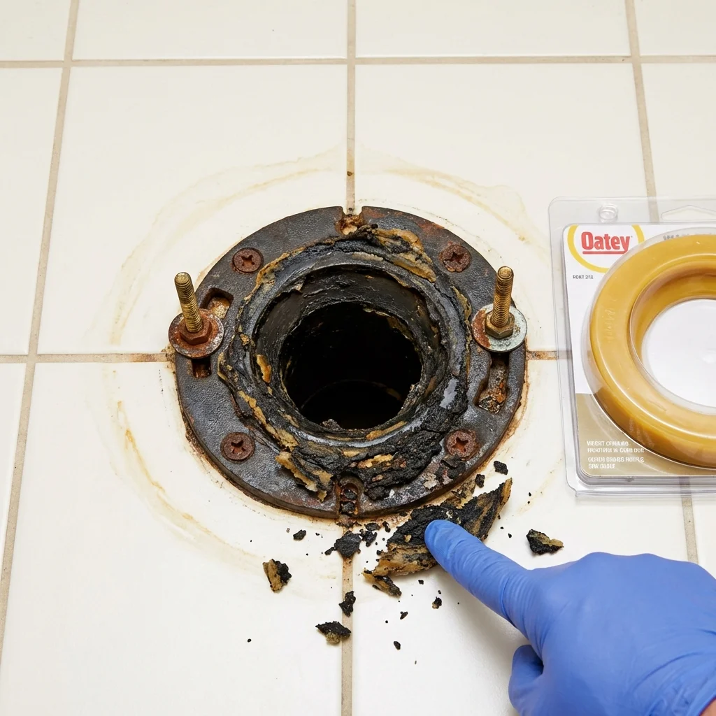 Failed wax ring showing water seepage at the base of a toilet in a Rutland, MA home