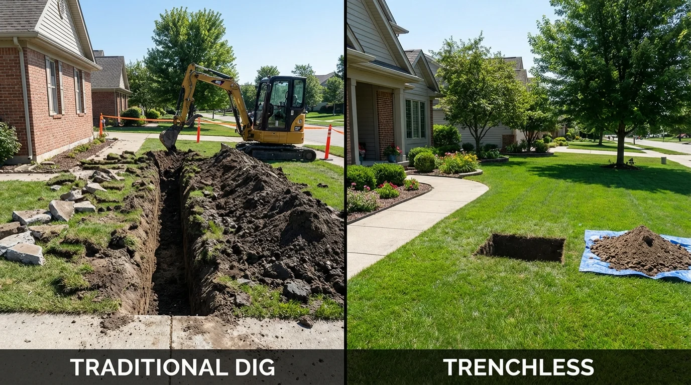 Trenchless sewer repair with minimal yard damage versus traditional excavation in Rutland, MA