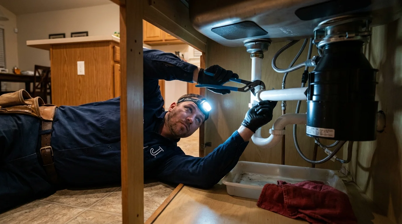 P-trap and supply line connections under a kitchen sink showing a common leak point in Rutland, MA